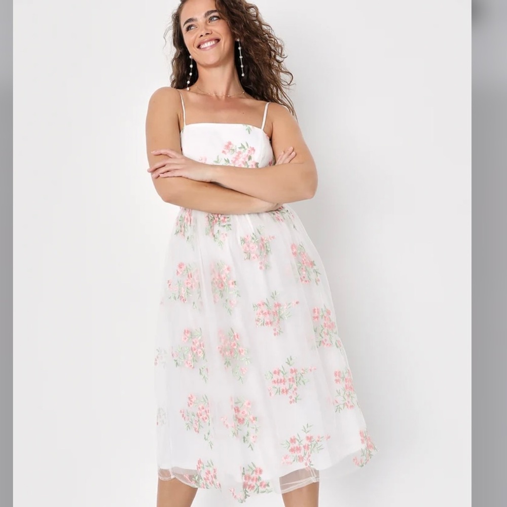 Lulu’s white floral embroidered tulle midi dress